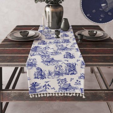 Runner Beyaz zeminde Vintage desenli Dijital Baskılı Püsküllü Keten görünümlü Dokuma Runner