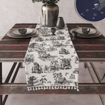 Runner Beyaz zeminde Vintage desenli Dijital Baskılı Püsküllü Keten görünümlü Dokuma Runner